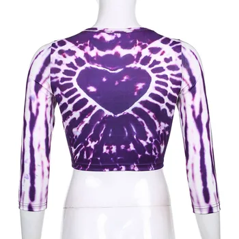 Kaklaraištis Dažų Širdį Spausdinti Y2K Pasėlių Top Rudens ilgomis Rankovėmis Atsitiktinis Marškinėliai Moterims Mada Violetinė T-Shirt Ladies 2021