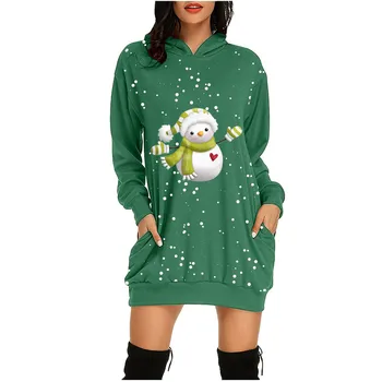 Kalėdų Spausdinti Hoodie Suknelė Moterų Animacinių Filmų Sniego Ilgomis Rankovėmis Prarasti Mini Suknelė Moteriška Rudens-Žiemos Kalėdos Marškinėliai, Suknelės