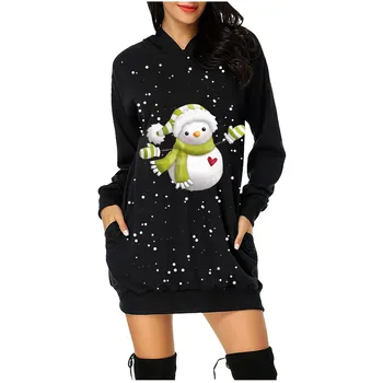 Kalėdų Spausdinti Hoodie Suknelė Moterų Animacinių Filmų Sniego Ilgomis Rankovėmis Prarasti Mini Suknelė Moteriška Rudens-Žiemos Kalėdos Marškinėliai, Suknelės