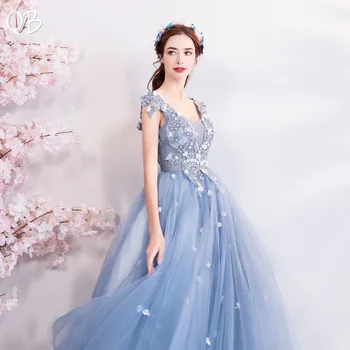 Kamuolys Suknelė Tiulio Nėrinių Gėlių Appliques Ilgai Oficialų Elegantiška Mėlynos Vakaro Suknelės 2020 Naujas Mados Nuotakos Šalis, Prom Dress XK180