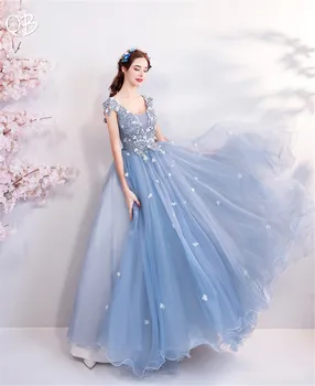 Kamuolys Suknelė Tiulio Nėrinių Gėlių Appliques Ilgai Oficialų Elegantiška Mėlynos Vakaro Suknelės 2020 Naujas Mados Nuotakos Šalis, Prom Dress XK180