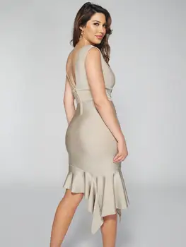 Kietojo Nuogas Moterų Žiemos Sexy V Kaklo Ruffles Smėlio Midi Prašmatnus Bodycon Tvarstis Suknelė 2021 Elegantiškas Vakare Šalies Klubas Suknelė Vestidos