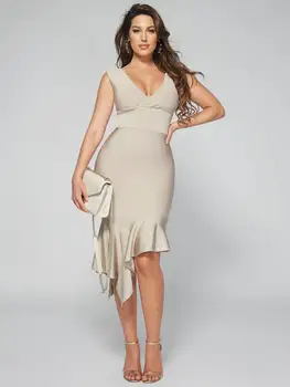 Kietojo Nuogas Moterų Žiemos Sexy V Kaklo Ruffles Smėlio Midi Prašmatnus Bodycon Tvarstis Suknelė 2021 Elegantiškas Vakare Šalies Klubas Suknelė Vestidos