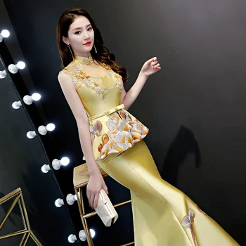 Kinų Stiliaus Siuvinėjimų Gėlių Qipao Derliaus Mandarinų Apykaklės Cheongsam Seksualus Rankovių Slim Vestidos Moterų Prom Mermaid Dress