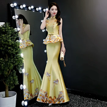 Kinų Stiliaus Siuvinėjimų Gėlių Qipao Derliaus Mandarinų Apykaklės Cheongsam Seksualus Rankovių Slim Vestidos Moterų Prom Mermaid Dress