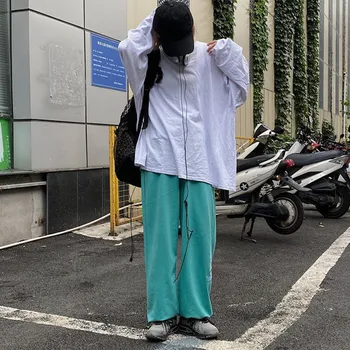 Korėjos Drabužių Streetwear Poilsiu Moterų Korėjos Sweatpants Estetinės Harajuku Raišteliu Plati Mėlyna Kieta Pločio Kojų Kelnės Moteriška
