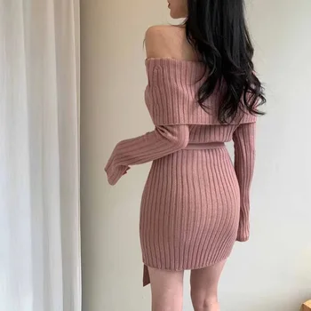 Korėjos Prašmatnus Sexy Kartus Velniop Kaklo Megztinis Suknelė Ilgomis Rankovėmis Mini Megztos Suknelės Tvarstis Plonas Juosmens Moterų Vestidos 2021 Naujas