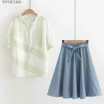 Korėjos Preppy Stiliaus Moterų Rinkiniai Saldus Dryžuotas 2 dalių Komplektas 2020 Metų Vasaros Džinsinio audinio-line Sijonas + Marškinėliai Moteriška Dviejų dalių Rinkiniai