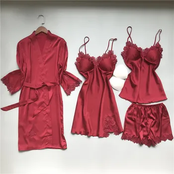 Korėjos Stiliaus Pižama Moterims, Pavasarį Ir Rudenį Sexy Diržas Krūtinės Mygtukai ilgomis rankovėmis Pižamą Plonas Keturių dalių Kostiumą
