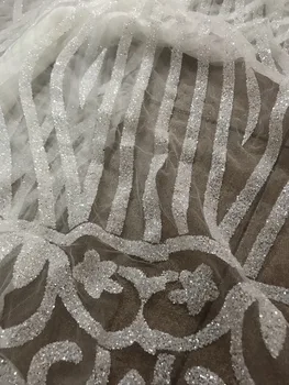 Krištolo balta spalva vertus spausdinti klijuojami blizgučiai nėrinių audinio pardavimo blizgučiai akių siuvinėjimo nėrinių vestuvės dress