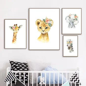 Kūdikių Gyvūnų, Gėlių Žirafa, Liūtas, Zebras Dramblys Vaikų Darželio Sienos Meno Tapybos Rožinė Spausdinti Plakato Šiaurės Šalių Sienos Nuotraukos, Vaikų Kambario Dekoro
