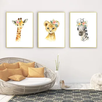 Kūdikių Gyvūnų, Gėlių Žirafa, Liūtas, Zebras Dramblys Vaikų Darželio Sienos Meno Tapybos Rožinė Spausdinti Plakato Šiaurės Šalių Sienos Nuotraukos, Vaikų Kambario Dekoro