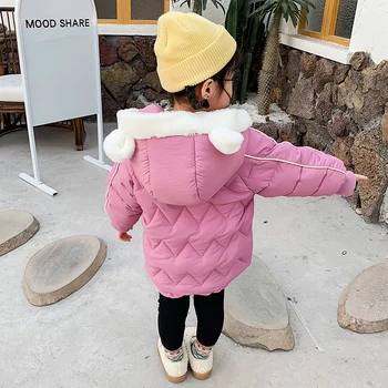 Kūdikių mergaičių žiemos striukė sutirštės parko 2-5 metų Geometrinis dygsniuotas medvilnės, paminkštinta kailis žiemos drabužių Dirbtiniais triušio kailio apykaklė
