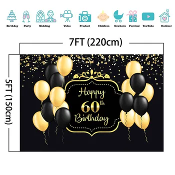 Laimingas, 60 Gimtadienio Fonas Juodas Geltonas Balionas Fone Aukso Šviesos Vietoje Apdaila Suaugusiųjų 60 Gimtadienio Reklama Fone