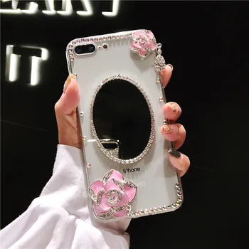 LaMaDiaa 3D Camellia Diamond Gėlių Makiažo Veidrodėliai Telefoną Atveju SamsungA3 A5 A7 2017 A9 A8 A6 PLIUS A50 A70 A80 Minkštas Galinį Dangtelį