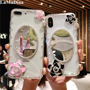 LaMaDiaa 3D Camellia Diamond Gėlių Makiažo Veidrodėliai Telefoną Atveju SamsungA3 A5 A7 2017 A9 A8 A6 PLIUS A50 A70 A80 Minkštas Galinį Dangtelį