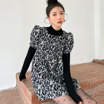 LANMREM Leopard Suknelė moterims 2021 m. Pavasario vasaros trumpomis rankovėmis atspausdintas suknelės office lady elegantiškas mados banga drabužius 2A7021