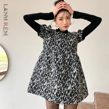 LANMREM Leopard Suknelė moterims 2021 m. Pavasario vasaros trumpomis rankovėmis atspausdintas suknelės office lady elegantiškas mados banga drabužius 2A7021