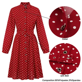 LSYCDS 2020 m. Rudenį Moterys Polka Dot Juostinės ilgomis Rankovėmis Rudens Suknelės Vieną Krūtinėmis Derliaus Turn-Žemyn Apykaklės Raudona Marškinėliai Suknelė
