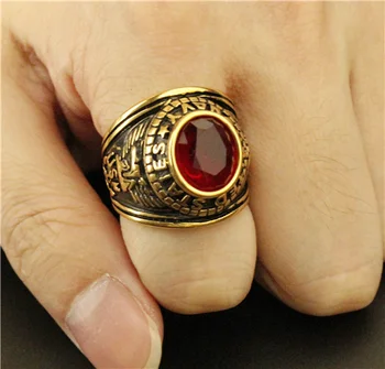 Mados Aukso Žiedą, Su Raudona Akmens Titano Plieno 316L Nerūdijančio Plieno Žiedas JAV Stiliaus Erelis Dviratininkas Žiedas