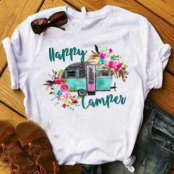 Mados Laimingas kemperis gyvenimas tee marškinėliai femme juokingi Grafikos marškinėlius puikus turistas dovanų marškinėlius keliauti atostogų marškinėlius kalnų spausdinti viršų