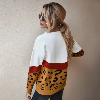 Mados Leopard Kratinys Rudens Žiemos 2020 Ponios Megzti Megztinis Moterims, O-kaklo Visą Rankovėmis Megztinis Puloveriai Viršuje Khaki Brown