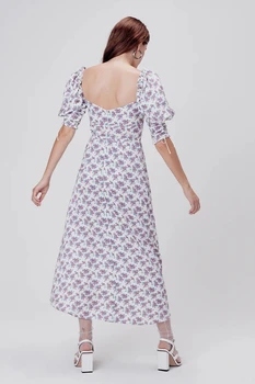 Mados naujų gėlių spausdinti suknelė moterims dirželis prancūzijos senovinių kvadratinių apykaklės stilingas backless midi suknelė femme vestidos