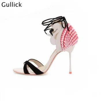 Mados Pink Flamingo Nėrinių Vasaros Moterų Sandalai Priekiniai Kirto Strappy Dizaineris Plonas ir Aukštas Kulnas Vestuves Suknelė Bateliai
