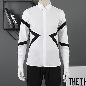 Mados Siūlėmis vyriški ilgomis rankovėmis marškinėliai Classic Juoda Balta Simetrijos Verslo vyras suknelė Marškiniai Plius dydis 2XL 3XL 4XL Camisas