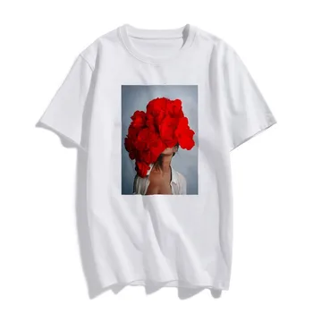 Mados Šiaurės Šalių Meno Seksuali Raudonos Gėlės Harajuku Estetika Marškinėliai Moterims Derliaus Trumpomis Rankovėmis Plius Dydis Medvilnės Viršuje Marškinėlius Moterims Viršų