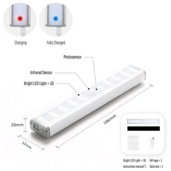 Mayitr 1pc 30LED USB Įkrovimo Judesio Jutiklis Spinta Šviesos Ultra Plonas Pagal Kabineto Lempos, Miegamojo Spinta, Spintos