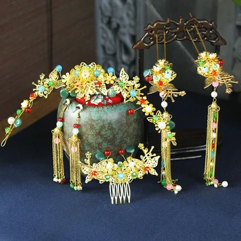 Metalo Vestuvių karūna auskarai moterims, plaukų aksesuarų, nustatyti derliaus kinijos staigius princesė cosplay klasikinis plaukų gėlių ornamentais