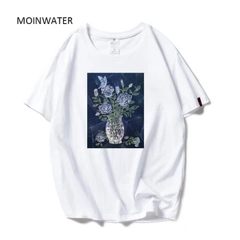 MOINWATER 2020 m. Naujas Gėlių Spausdinti T marškinėliai Moterims Balta Juoda Medvilnės Aukščiausios Moterų Atsitiktinis Mados trumpomis Rankovėmis Vasarą Tees MT19139