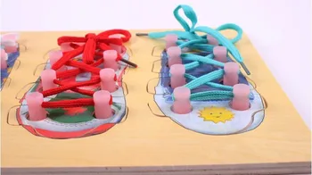 Montessori Mokymo Priemonių Mediniai Galvosūkiai Valdybos Jungiamąją Batraištis Vaikai Vaikai Mokosi Susieti Batų Nėrinių Žaislas