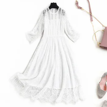Moterims gėlių balta nėrinių suknelė elegantiškas 3/4 rankovės-line black akių suknelės 2021 metų pavasarį, vasarą