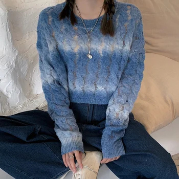 Moteriškas Dizaino Prasme Nišą Vinjetės Džemperis Moterims Visas Rungtynes, Susukti Trumpą Puloveris Mėlyna Vienas Dydis