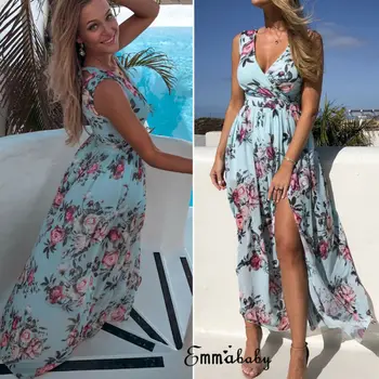 Moteriški Boho Gėlių Suknelė Summer Beach Party Sundress Ponios V-kaklo Tinka ir Blyksnius Padalinta Elegantiškos Suknelės be Rankovių