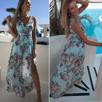 Moteriški Boho Gėlių Suknelė Summer Beach Party Sundress Ponios V-kaklo Tinka ir Blyksnius Padalinta Elegantiškos Suknelės be Rankovių