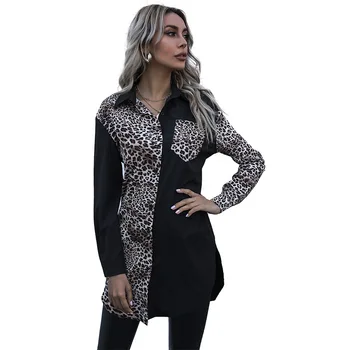 Moteriški Marškinėliai 2021 M. Pavasario Rudens Mados Leopardas Spausdinti Kratinys Atsitiktinis Ilgas Rankovėmis Palaidinė Moteriška Juoda Padalinta ilgomis Rankovėmis Viršūnes