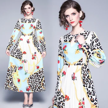 Moteriški spausdinti Leopard Gėlių Dizaineris suknelė rudenį ilgomis rankovėmis slim šalies Čiuožėjas maxi atostogų Sūpynės paplūdimio Elegantiškas suknelės, drabužiai