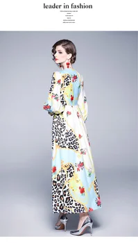 Moteriški spausdinti Leopard Gėlių Dizaineris suknelė rudenį ilgomis rankovėmis slim šalies Čiuožėjas maxi atostogų Sūpynės paplūdimio Elegantiškas suknelės, drabužiai