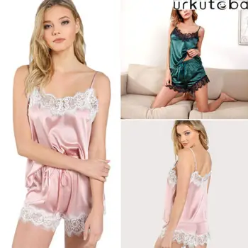 Moterys, Satino, Šilko Pajama moteriškas apatinis Trikotažas, naktiniai drabužiai Sleepwear Viršuje Šortai 2vnt Pižama Komplektas