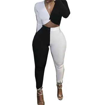 Moterys Slim 2VNT Tracksuit Apkarpyti viršūnes Marškinėliai+Kelnės, antblauzdžiai rinkiniai, Laisvalaikio Sporto Kratinys ilgomis Rankovėmis Komplektus Drabužių White&Black