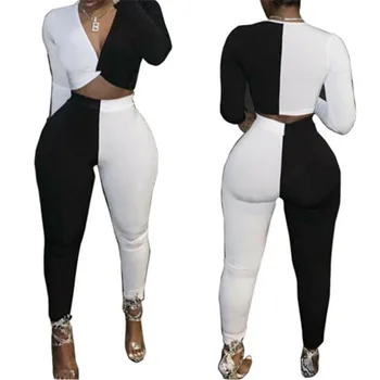 Moterys Slim 2VNT Tracksuit Apkarpyti viršūnes Marškinėliai+Kelnės, antblauzdžiai rinkiniai, Laisvalaikio Sporto Kratinys ilgomis Rankovėmis Komplektus Drabužių White&Black