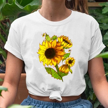 Moterų Grafinis Saulėgrąžų Akvarelė Mados Spausdinimo Mados 90s Trumpas Rankovės Lady Drabužius Viršūnes Tees Spausdinti Moterų Marškinėlius (T-Shirt
