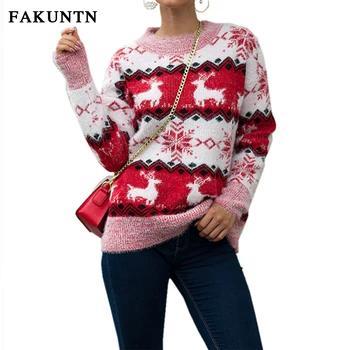 Moterų Kalėdų Džemperis Megztinis ilgomis Rankovėmis Megzti Viršų 2020 Metų Mados Rudenį, Žiemą Šilta Briedžių Snaigės Spausdinti Moterų Megztinis