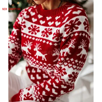 Moterų Kalėdų Megztiniai Megztinis 2020 M. Žiemos nauja, Moterų Ilgas Rankovėmis Megztinis Megztas Šalis Drabužius Femme Puloveris Raudona Megztiniai Balta