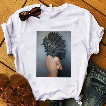 Moterų Lady Marškinėliai Sparno Plunksna Meno Tapybos Spausdinti Marškinėlius Ponios Tee Marškinėliai Moterims, Moterų Topai Rūbų, Grafinis T-shirt