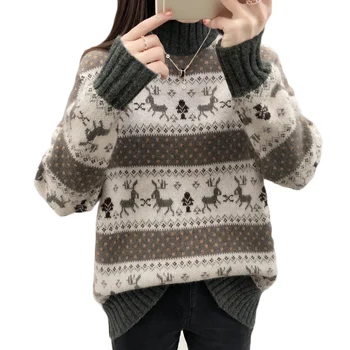Moterų megztinis Golfo Megztinis Naujas Rudens-Žiemos Ilgos Rankovės Tirštėti Šiltas Apačioje Marškinėliai Moteriški Prarasti Spausdinti Laisvalaikio Megztiniai F86