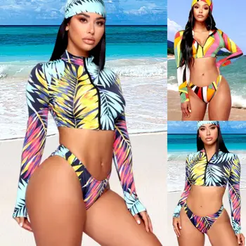 Moterų Paminkštinta Push Up Liemenėlė Bikini Komplektas Aukšto juosmens spausdinti zip trijų dalių maudymosi kostiumėlį Havajų maudymosi kostiumėlis Moterims